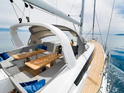 Deck of Aria, a Jeanneau 64 sailboat at Grad Pula, Croatia