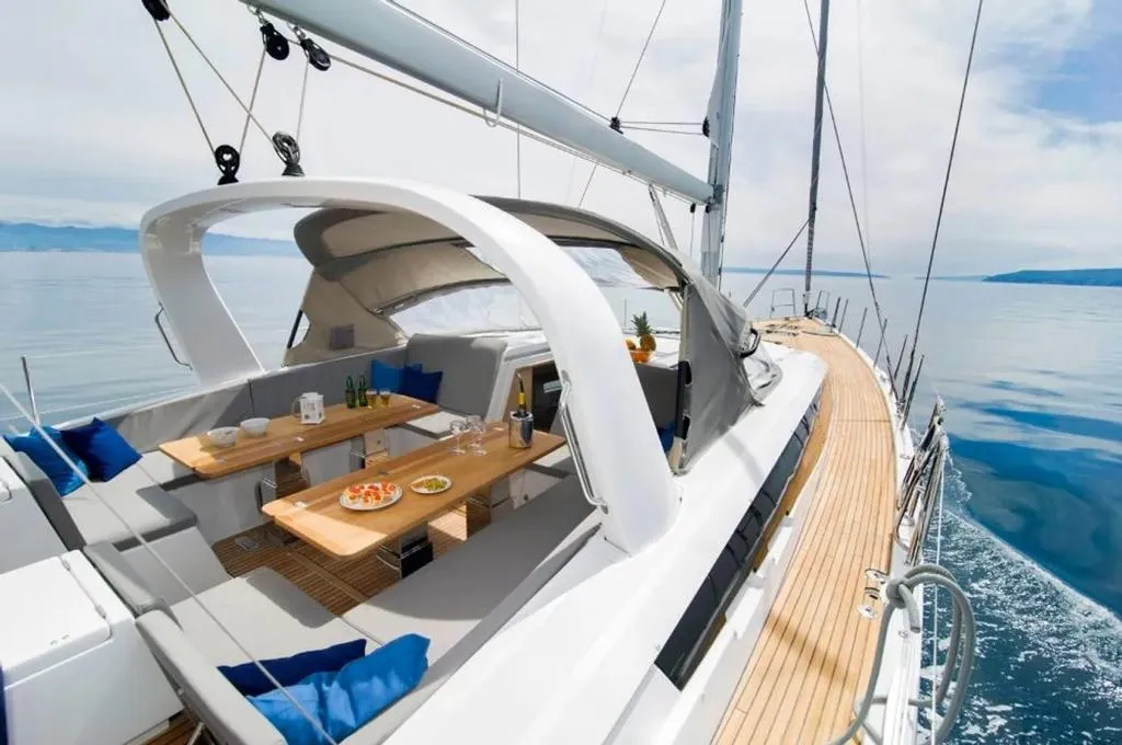 Deck of Aria, a Jeanneau 64 sailboat at Grad Pula, Croatia