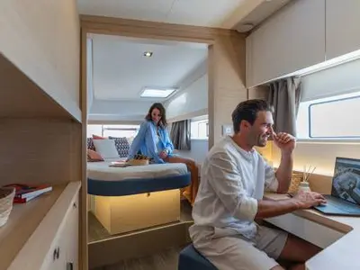 Cabin on FP 44, a Fountaine Pajot New 44 catamaran at es Jonquet, Spain