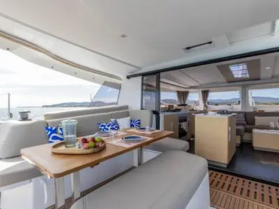 Deck of FP 44, a Fountaine Pajot New 44 catamaran at es Jonquet, Spain