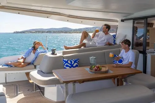 Deck of FP 44, a Fountaine Pajot New 44 catamaran at es Jonquet, Spain