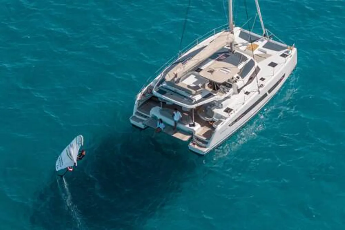 Exterior view of FP 44, a Fountaine Pajot New 44 catamaran at es Jonquet, Spain