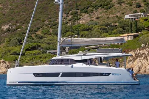 Exterior view of FP 44, a Fountaine Pajot New 44 catamaran at es Jonquet, Spain