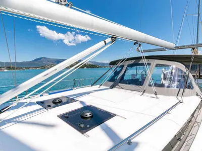 Deck of Deep Blue, a Bavaria C45 sailboat at Municipal Unit of Lefkada, Greece