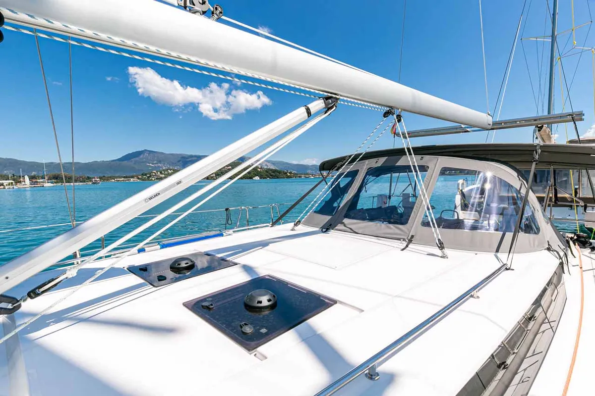 Deck of Deep Blue, a Bavaria C45 sailboat at Municipal Unit of Lefkada, Greece