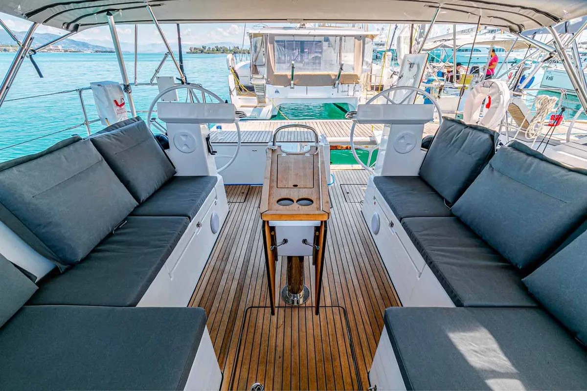 Deck of Deep Blue, a Bavaria C45 sailboat at Municipal Unit of Lefkada, Greece