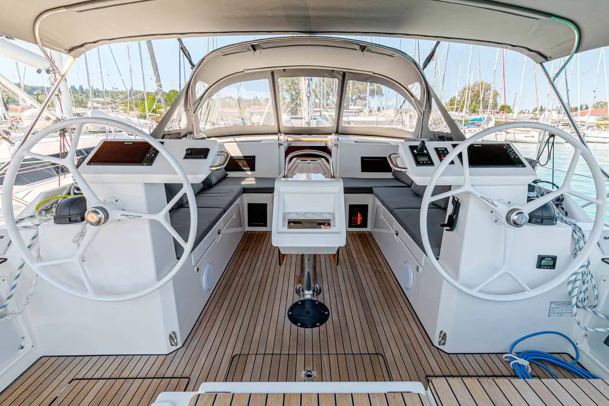 Cockpit of Deep Blue, a Bavaria C45 sailboat at Municipal Unit of Lefkada, Greece