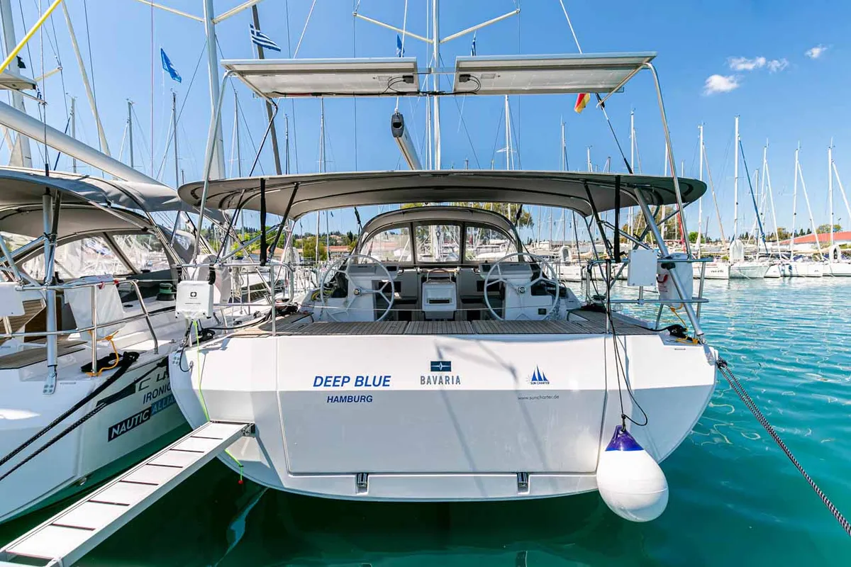 Exterior view of Deep Blue, a Bavaria C45 sailboat at Municipal Unit of Lefkada, Greece