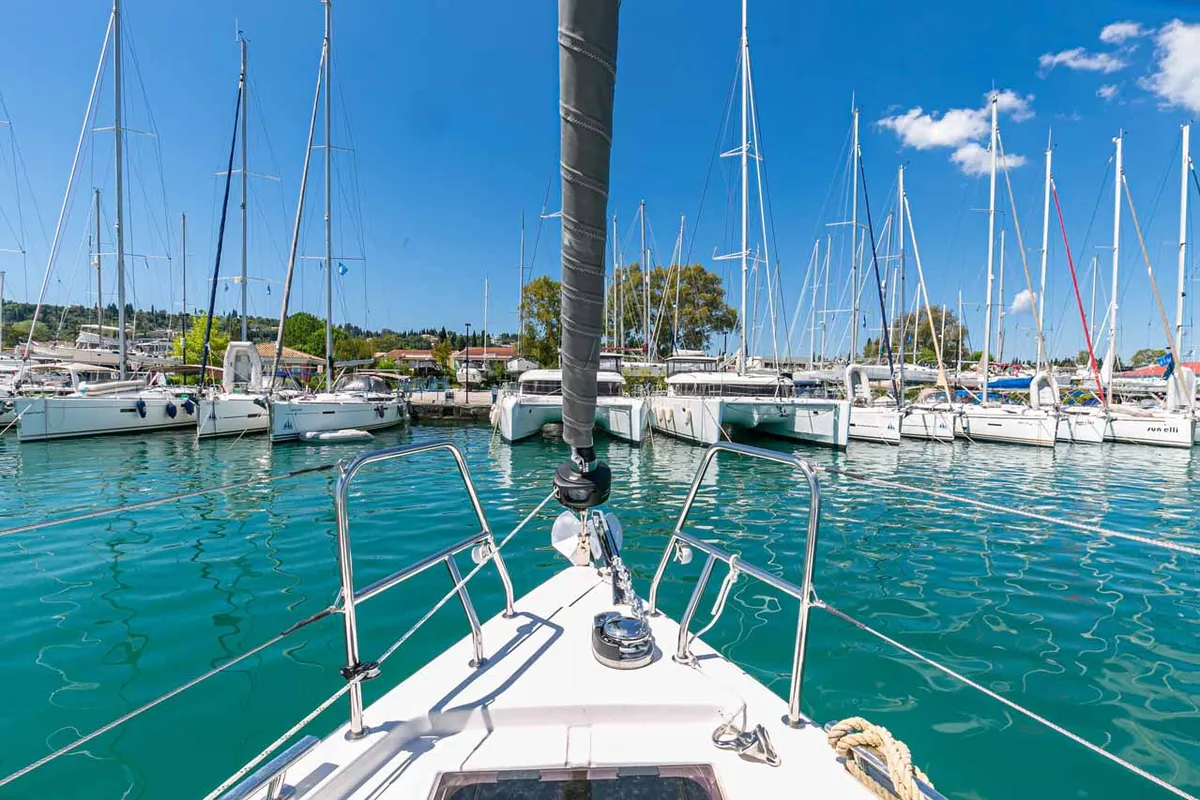 Deck of Deep Blue, a Bavaria C45 sailboat at Municipal Unit of Lefkada, Greece