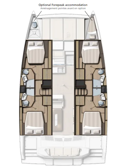 Floor plan of My Ares, a Bali 4.4 catamaran at Marmaris, Turkey