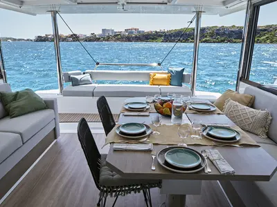 Salon of My Ares, a Bali 4.4 catamaran at Marmaris, Turkey