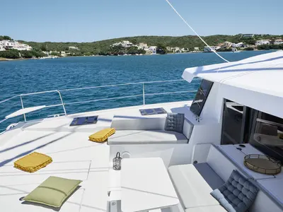 Deck of My Ares, a Bali 4.4 catamaran at Marmaris, Turkey
