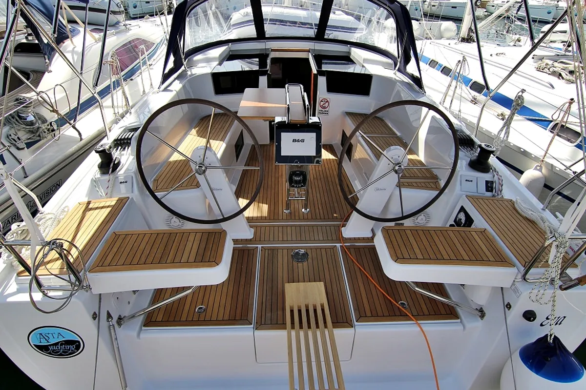 Cockpit of Eva, a Hanse 418 sailboat at Sukošan, Croatia