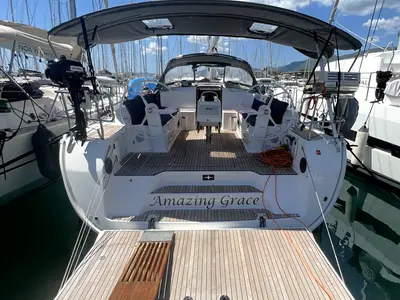 Cockpit of Amazing Grace, a Bavaria Cruiser 46 sailboat at Kaštela, Croatia