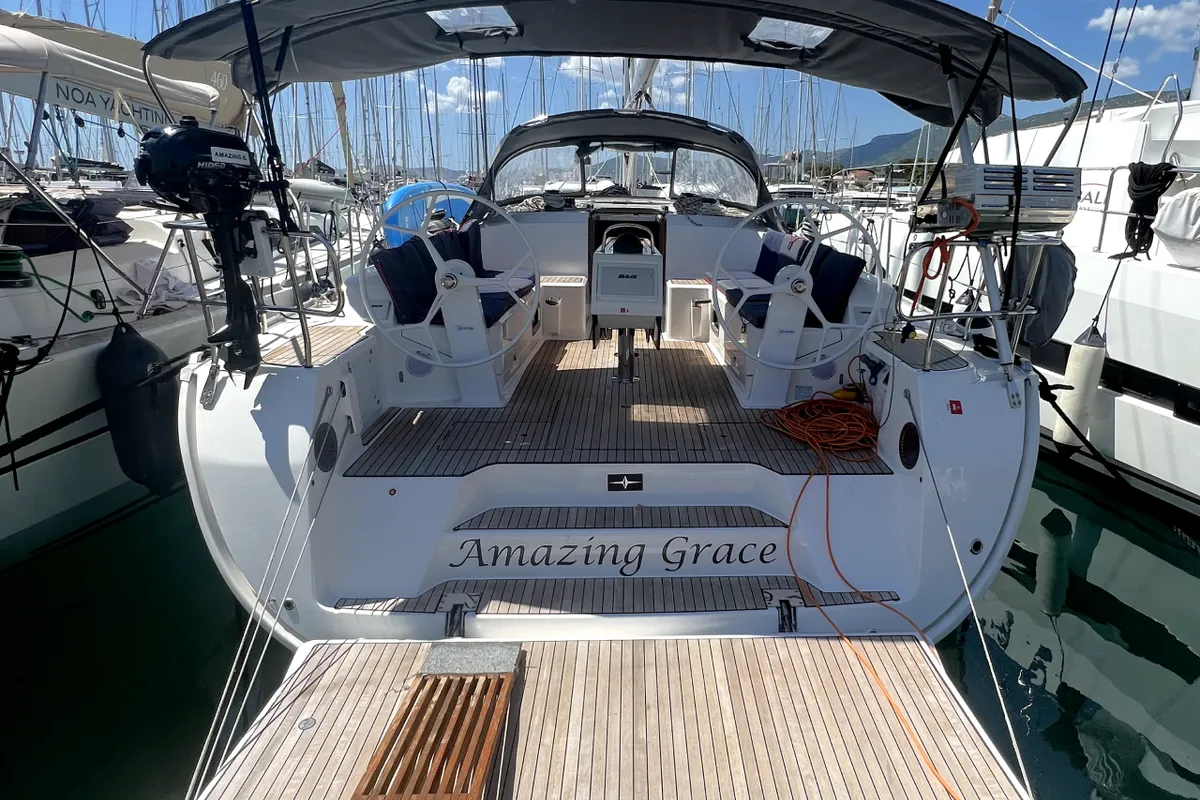 Cockpit of Amazing Grace, a Bavaria Cruiser 46 sailboat at Kaštela, Croatia