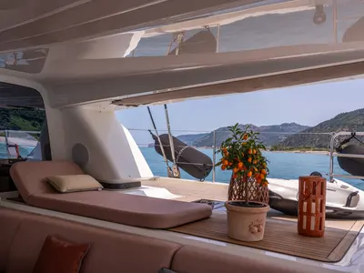 Deck of Sailuxe - Gloria, a Lagoon Sixty 5 catamaran at Olbia, Italy