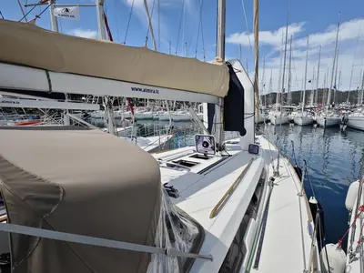 Deck of Grace, a Dufour 450 GL sailboat at Fethiye, Turkey