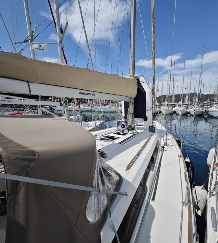 Deck of Grace, a Dufour 450 GL sailboat at Fethiye, Turkey