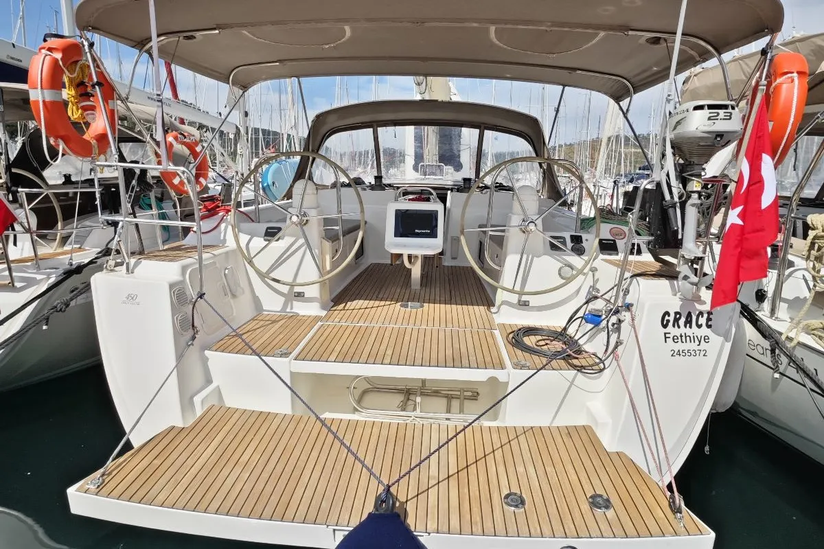 Cockpit of Grace, a Dufour 450 GL sailboat at Fethiye, Turkey