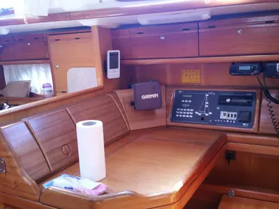 Cockpit of Lollipop, a Bavaria 50 sailboat at Municipal Unit of Lefkada, Greece
