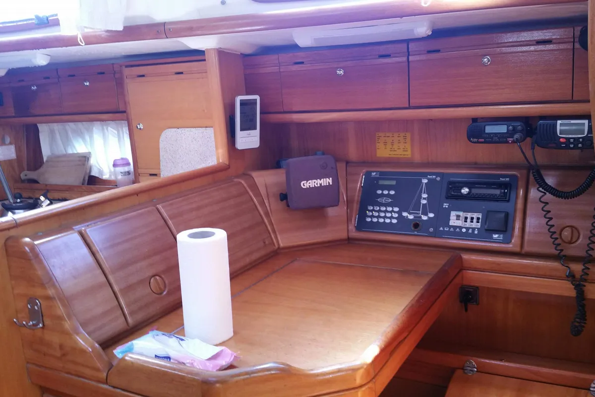 Cockpit of Lollipop, a Bavaria 50 sailboat at Municipal Unit of Lefkada, Greece
