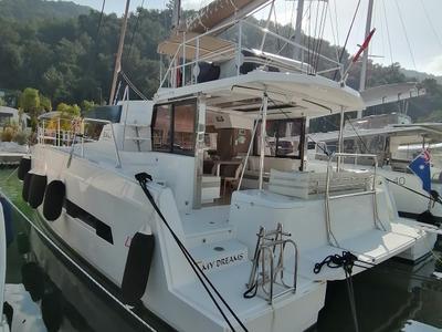 Exterior view of My Dreams, a Bali 4.1 catamaran at Fethiye, Turkey