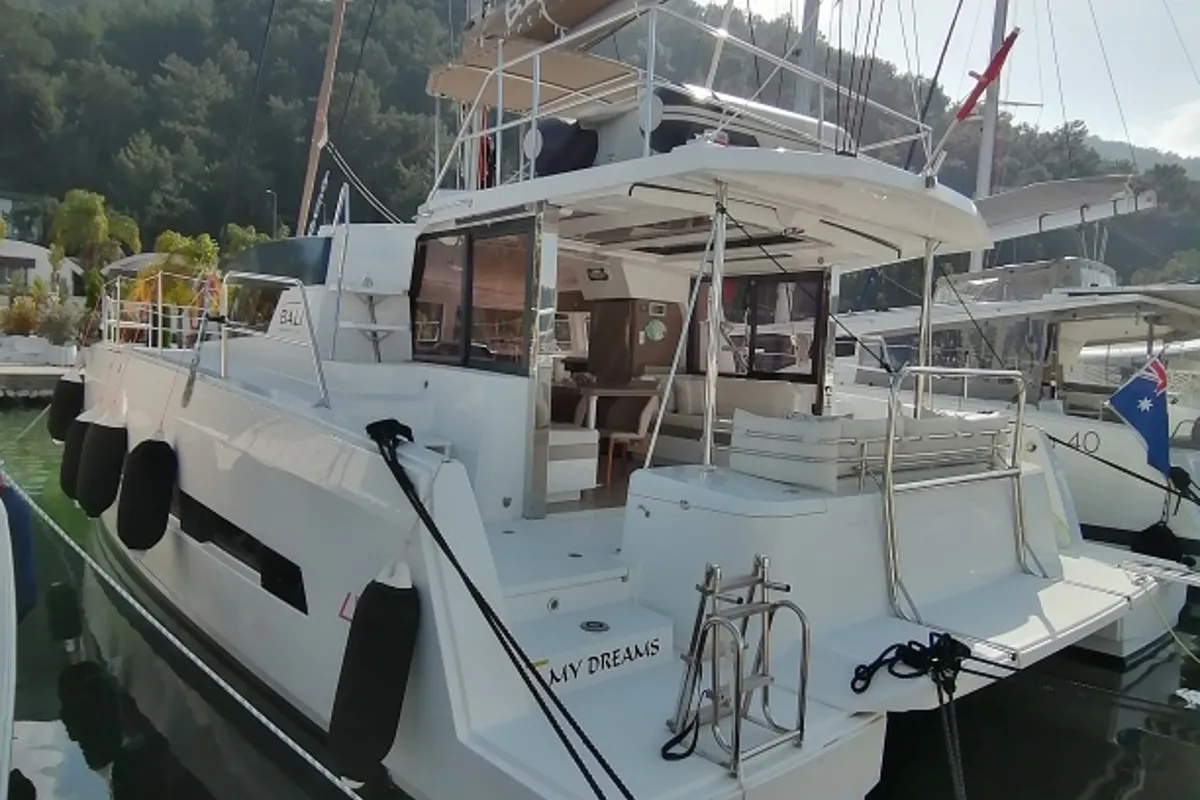 Exterior view of My Dreams, a Bali 4.1 catamaran at Fethiye, Turkey
