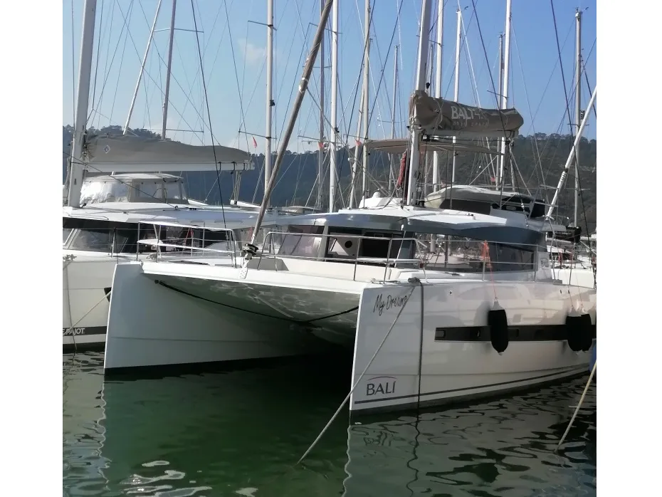 Exterior view of My Dreams, a Bali 4.1 catamaran at Fethiye, Turkey