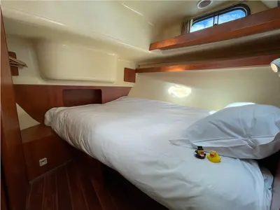 Cabin on Tempo, a Nicols Estivale Duo motorboat at Sablé-sur-Sarthe, France