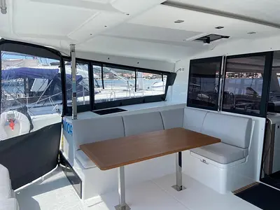 Cockpit of Ninoa, a Fountaine Pajot Isla 40 catamaran at Općina Rogoznica, Croatia