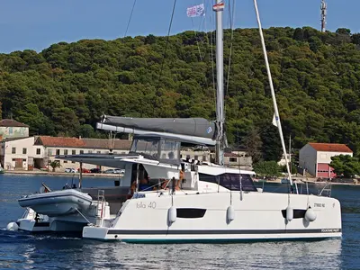 Deck of Ninoa, a Fountaine Pajot Isla 40 catamaran at Općina Rogoznica, Croatia