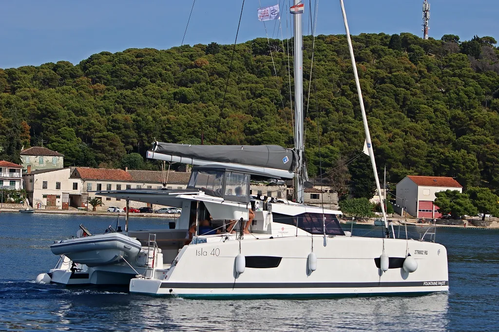 Deck of Ninoa, a Fountaine Pajot Isla 40 catamaran at Općina Rogoznica, Croatia