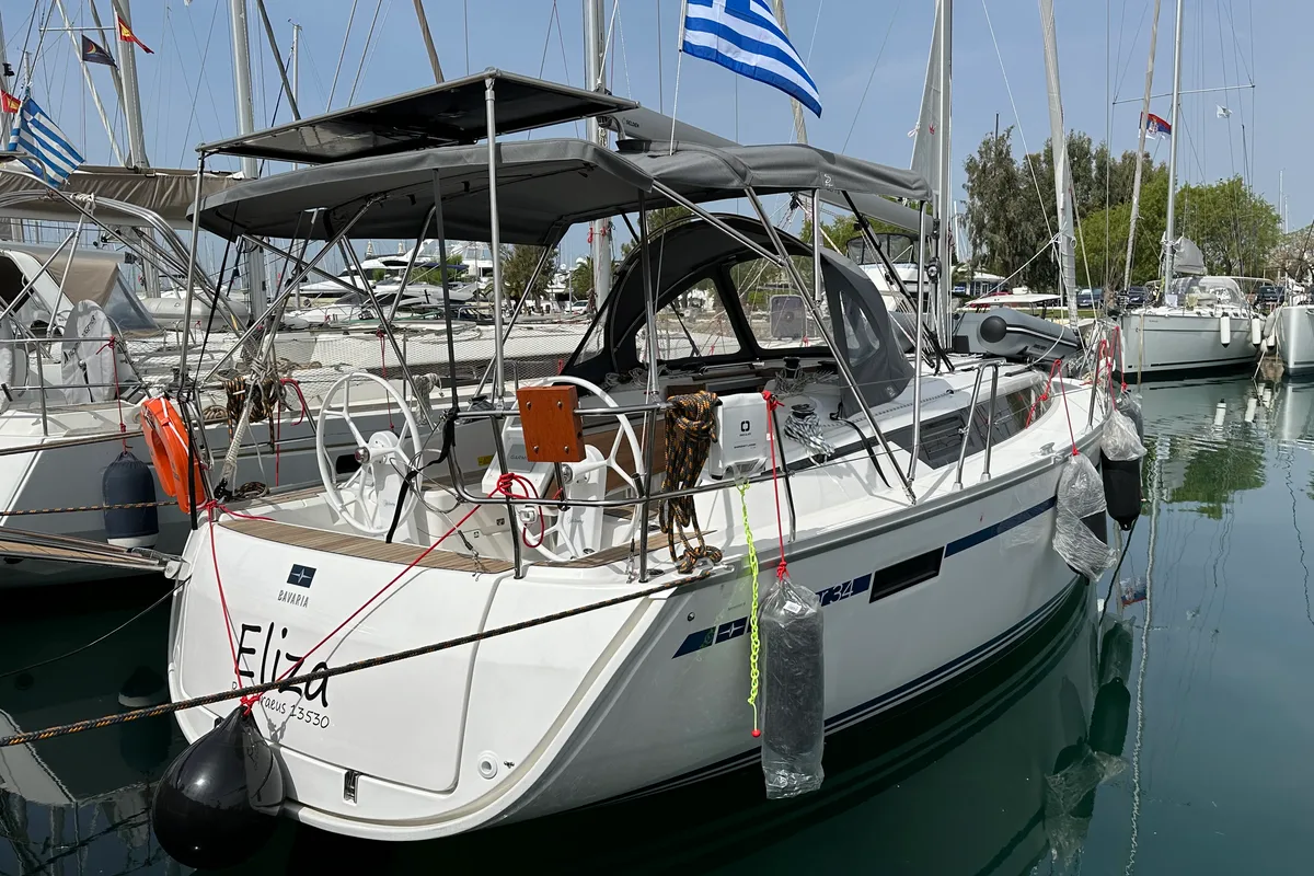 Exterior view of Eliza, a Bavaria Cruiser 34 sailboat at Athens, Greece