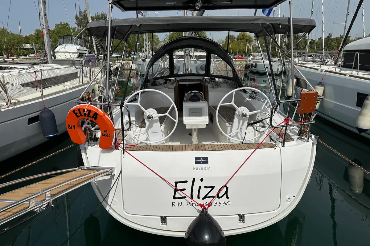 Exterior view of Eliza, a Bavaria Cruiser 34 sailboat at Athens, Greece