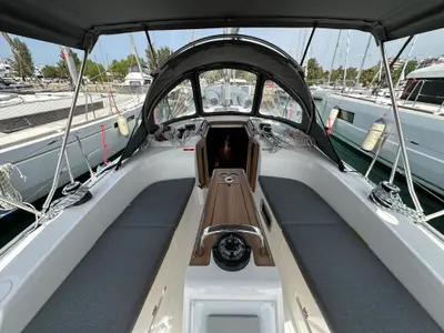 Cockpit of Eliza, a Bavaria Cruiser 34 sailboat at Athens, Greece