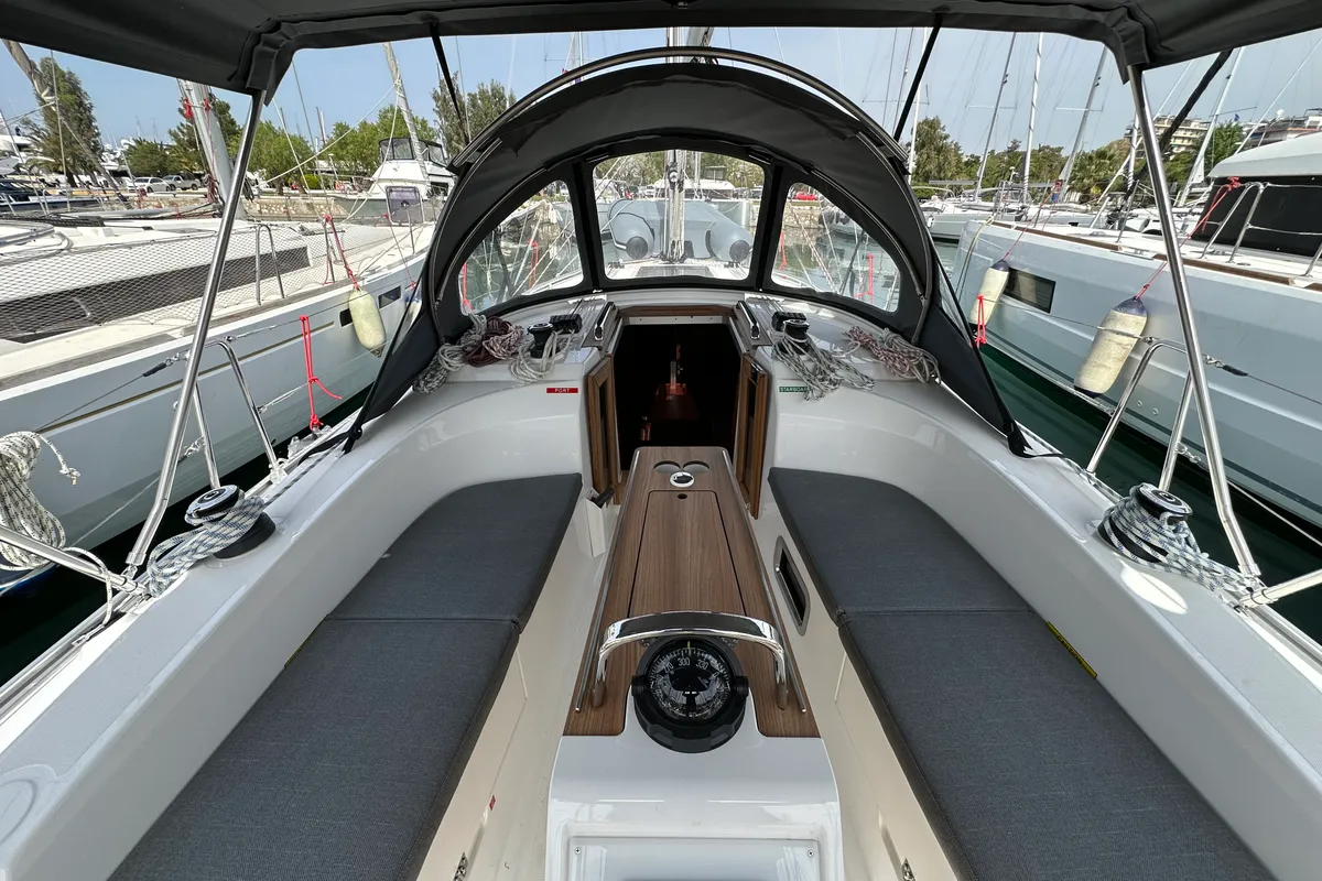 Cockpit of Eliza, a Bavaria Cruiser 34 sailboat at Athens, Greece