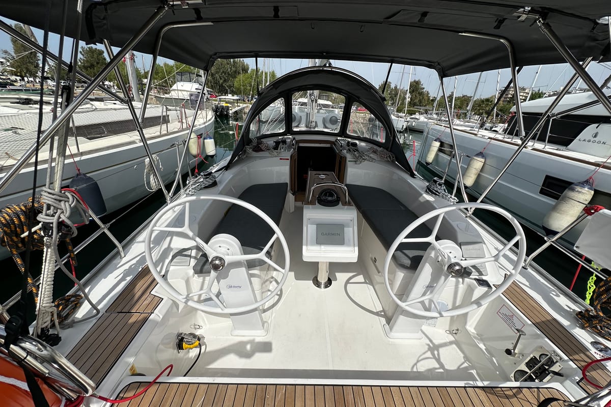 Cockpit of Eliza, a Bavaria Cruiser 34 sailboat at Athens, Greece