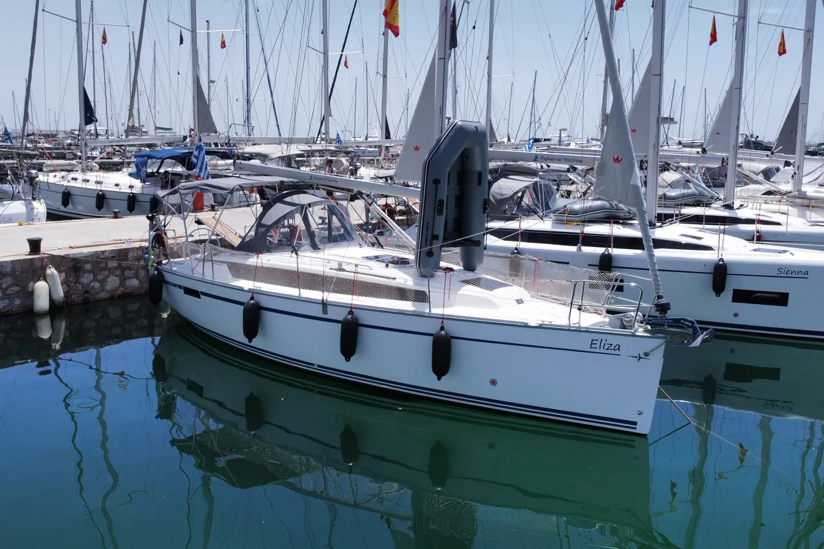 Exterior view of Eliza, a Bavaria Cruiser 34 sailboat at Athens, Greece