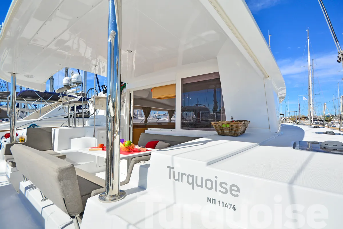 Deck of Turquoise, a Lagoon 400 S2 catamaran at Lavreotiki Municipal Unit, Greece