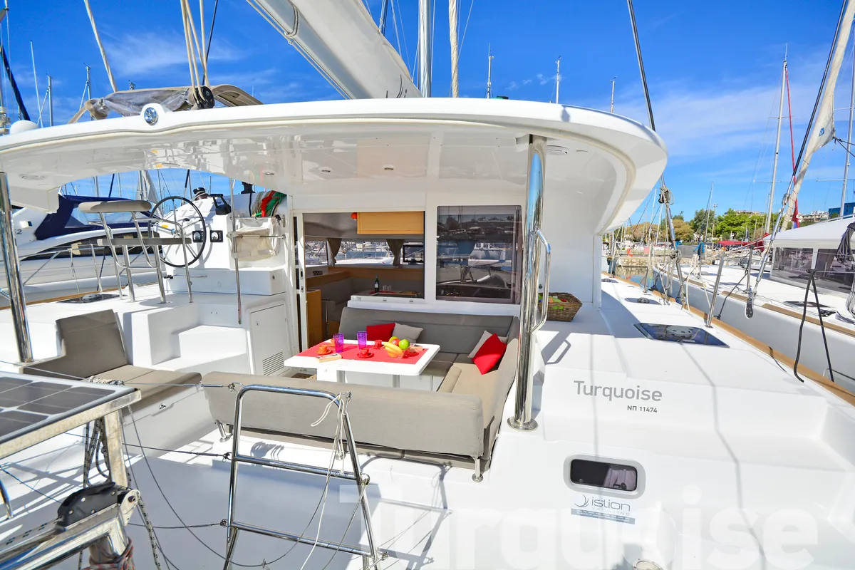 Deck of Turquoise, a Lagoon 400 S2 catamaran at Lavreotiki Municipal Unit, Greece
