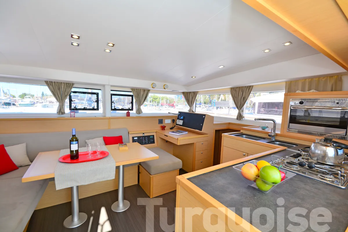 Salon of Turquoise, a Lagoon 400 S2 catamaran at Lavreotiki Municipal Unit, Greece
