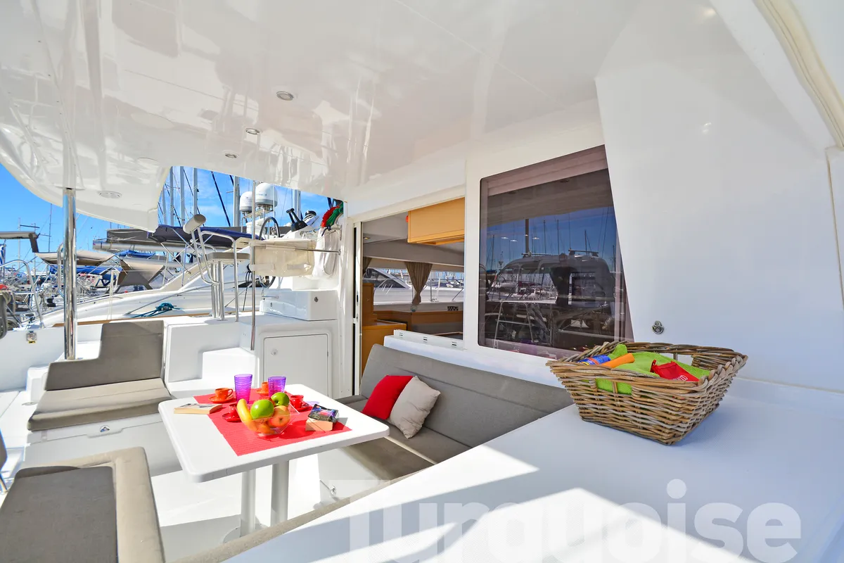 Deck of Turquoise, a Lagoon 400 S2 catamaran at Lavreotiki Municipal Unit, Greece