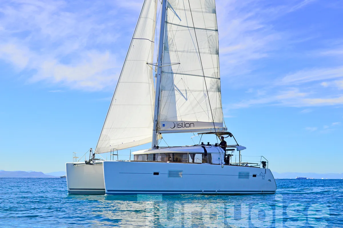 Exterior view of Turquoise, a Lagoon 400 S2 catamaran at Lavreotiki Municipal Unit, Greece