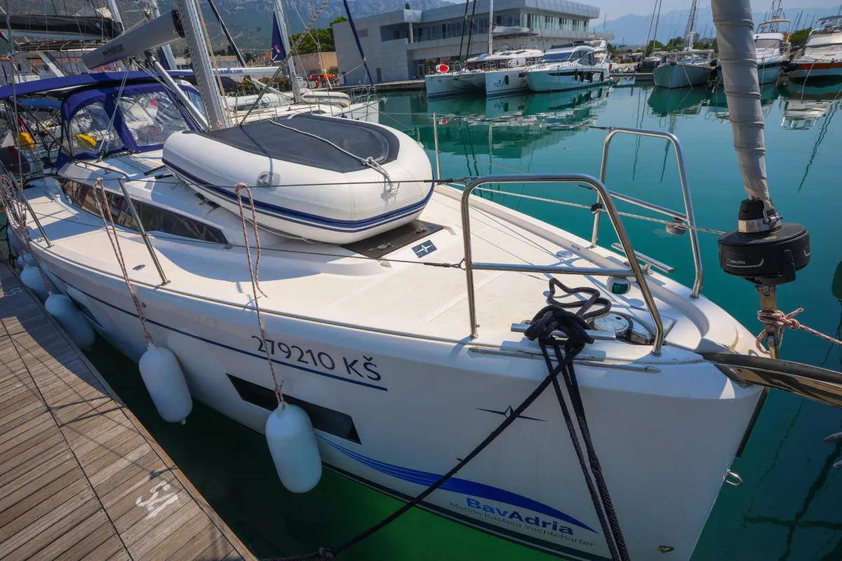 Exterior view of Sobra, a Bavaria C38 sailboat at Grad Kaštela, Croatia