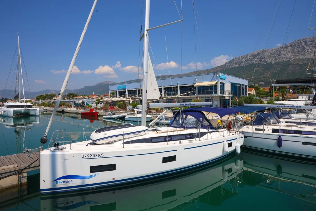 Exterior view of Sobra, a Bavaria C38 sailboat at Grad Kaštela, Croatia