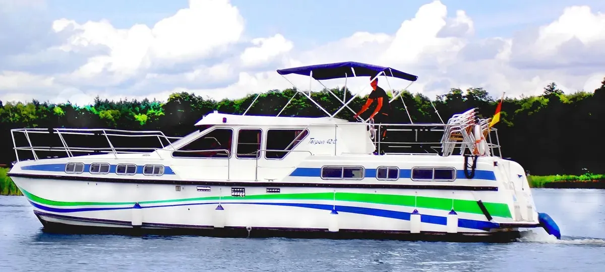 Exterior view of Athene, a Gulet Tarpon 42 N motorboat at Lübz, Germany