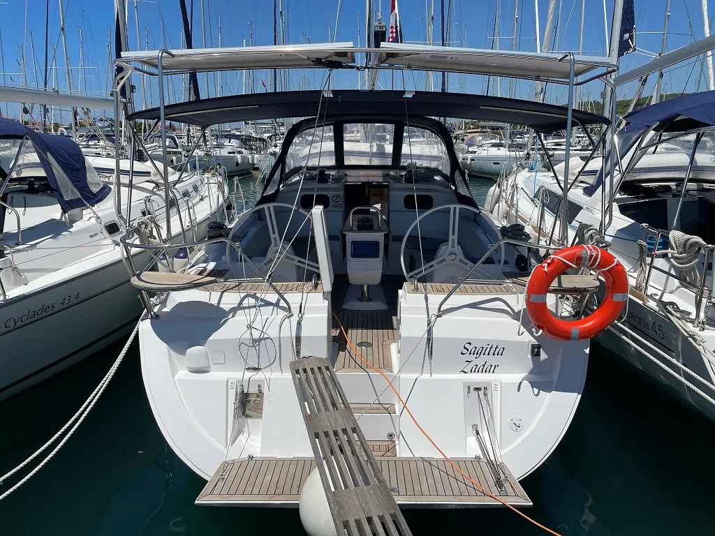 Cockpit of Sagitta, a Elan 444 Impression sailboat at Sukošan, Croatia