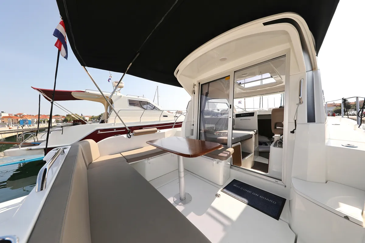 Deck of Angela, a Beneteau Antares 8 OB motorboat at Grad Biograd na Moru, Croatia