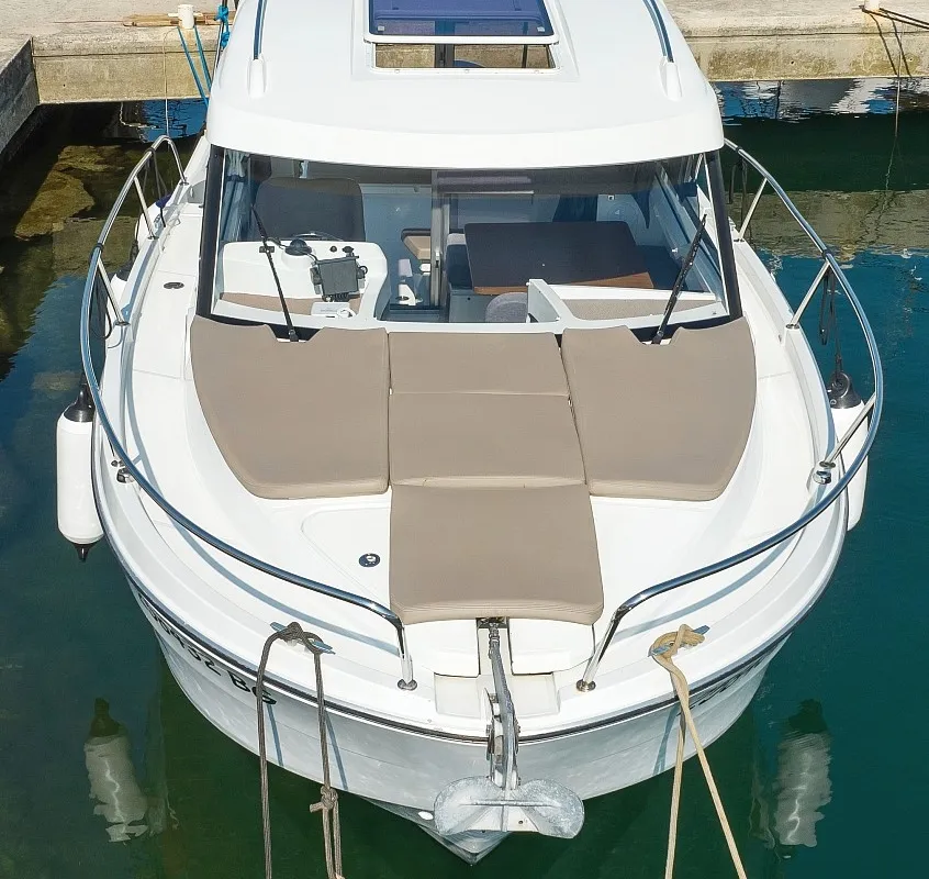 Deck of Angela, a Beneteau Antares 8 OB motorboat at Grad Biograd na Moru, Croatia