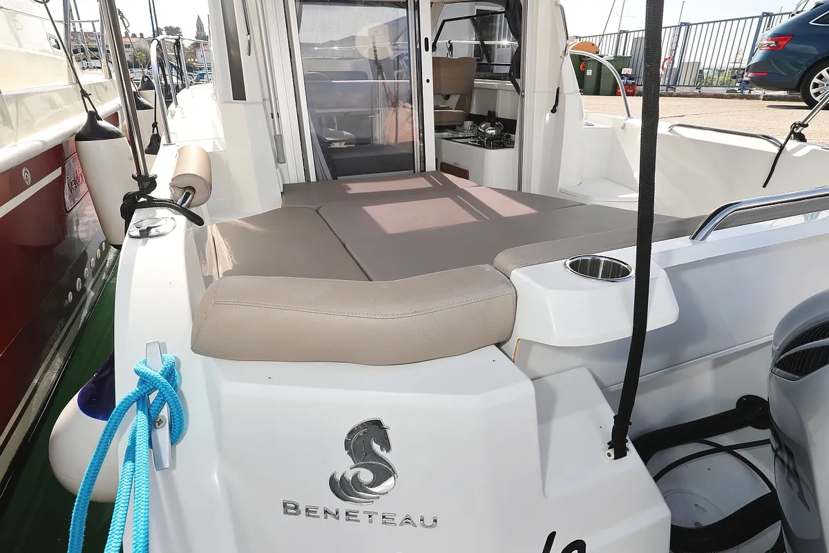 Deck of Angela, a Beneteau Antares 8 OB motorboat at Grad Biograd na Moru, Croatia